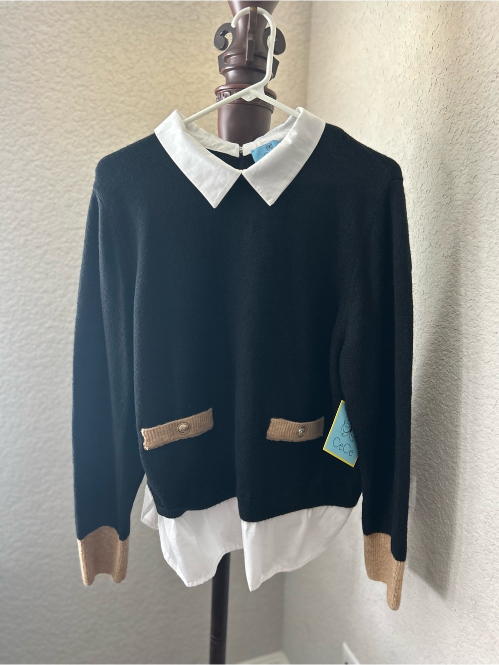 CeCe Black Crewneck Sweater with White Collared Layer